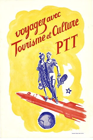 Original lithograph VOYAGEZ AVEC TOURISME ET CULTURE PTT. A fun image of a couple going on vacaton as they fly standing on the top of a futuristic airplane or rocket. Small format orignal French travel poster promoting tourism and culture. <br>Tkhe wo