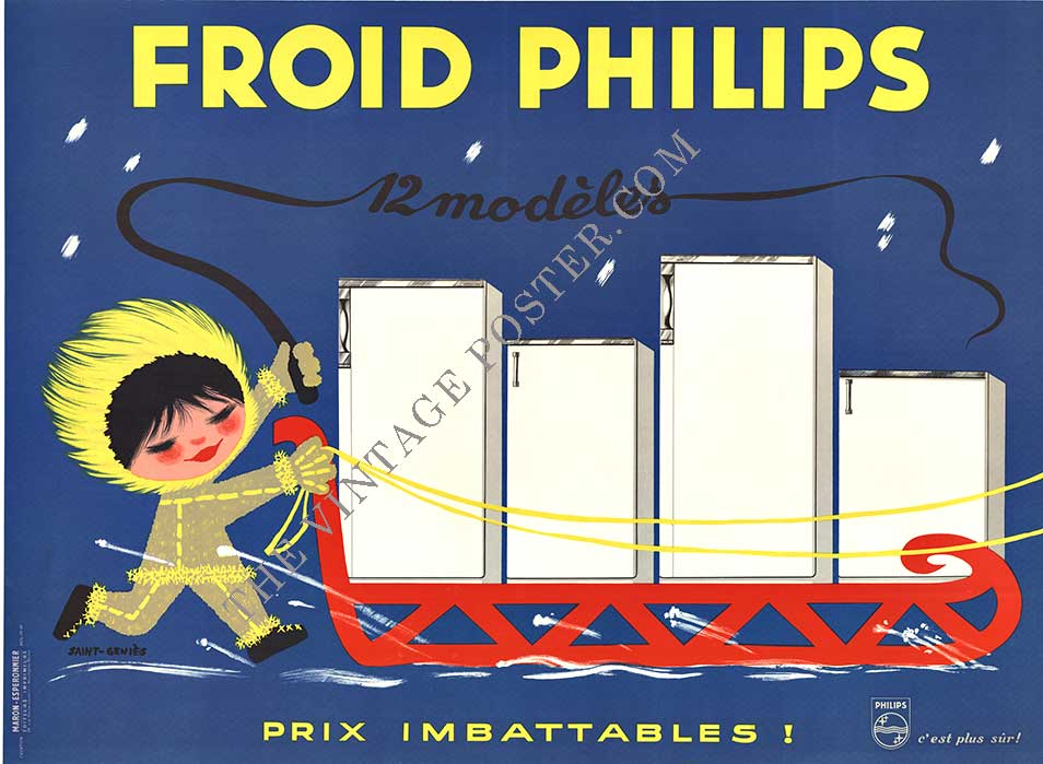 horizontal refrigerator poster, philips poster, french poster, eskimo, sled, snowing, blue back ground, linen backed auathentic original vintage poster