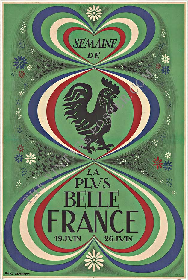 Linen backed vintage French antqiue poster: Semaine de La Plus Belle France. The image of ribbons around the wording and a rooster in the center on green background. The week of the prettiest France is 19 June to 26 June.
