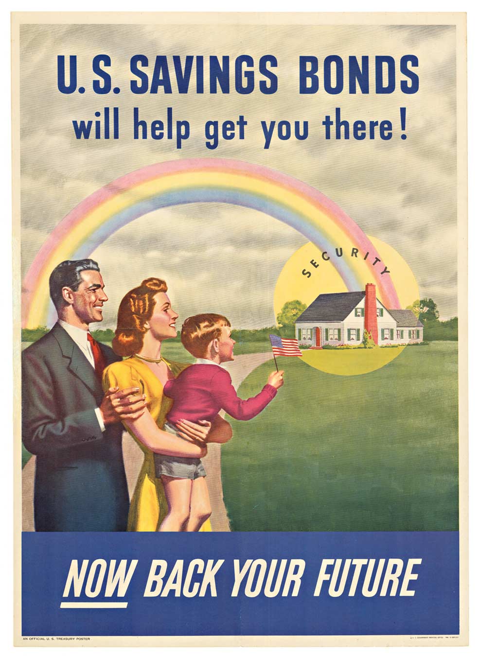 rainbow, man, wife, child, home, linen backed US Government original poster, WWII