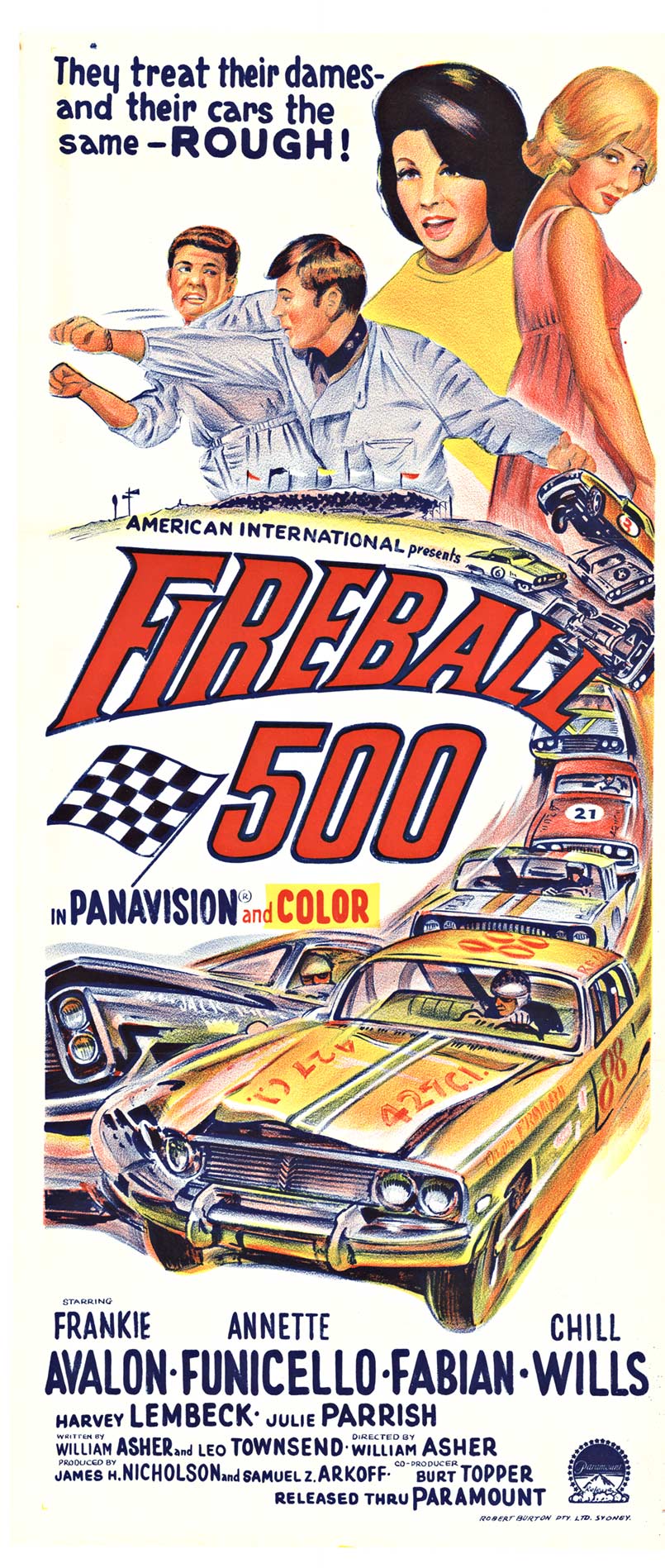 Original, archival linen backed, vintage movie poster: FIREBALL 500. <br>Fireball 500, 1966. Original antique muscle car hot rod movie poster for sale, starring; Frankie Avalon, Annette Funicello, Fabian director/writer William Asher and co-author Leo T
