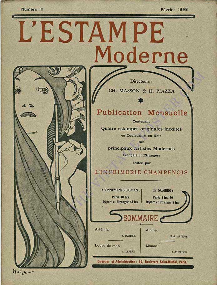 L’estampe Moderne, Publication Mensuelle, Turn of the century, Art Nouveau, Alphonse Mucha, Woman holding calligraphy pen