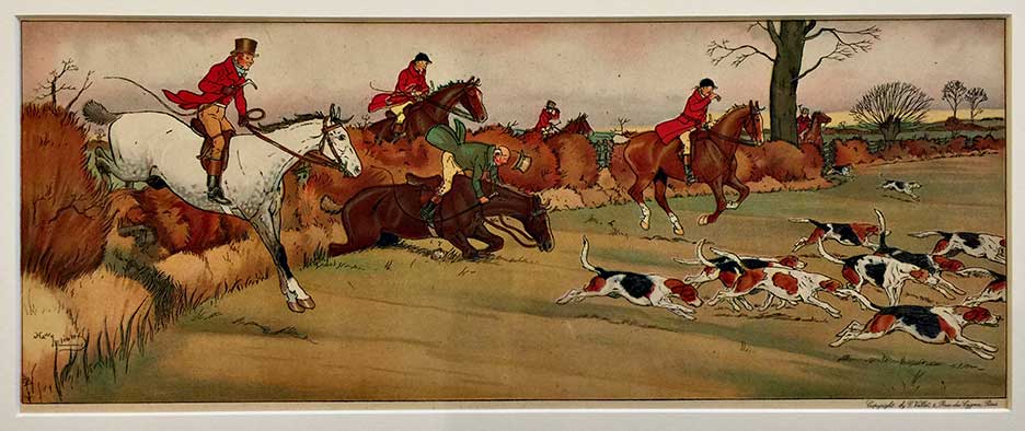 La Chasse au Renard Grande, Harry Eliott Lieutard Vallet, Dogs, Horses Jumping, British, Hunting, Countryside, Lithograph, Original