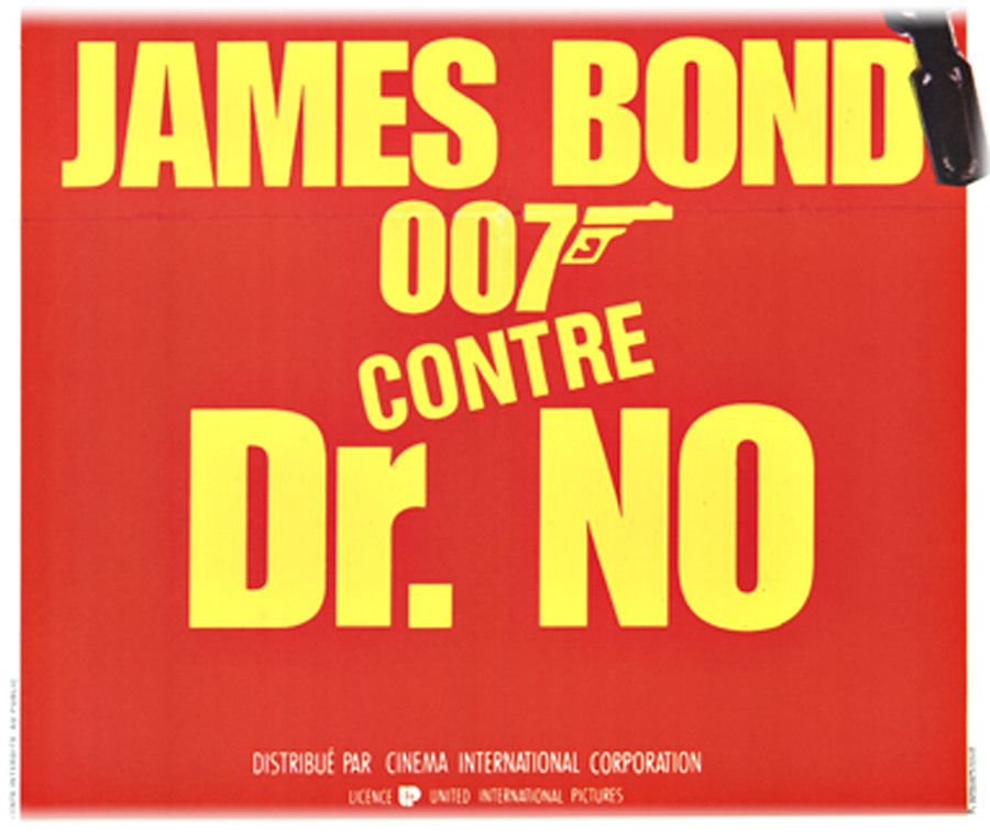 James Bond door panel, narrow format original poster featuring Sean Connery in Dr. No. Original poster, linen backed, excellent condition. James Bond holding a gun.