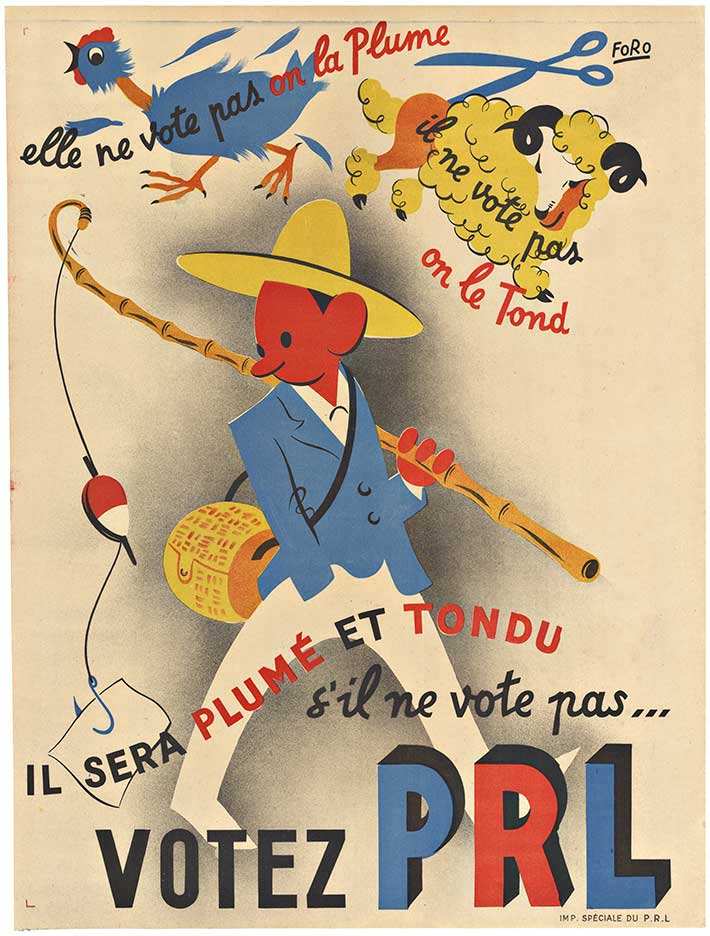 VOTEZ PRL, artist: Foro, original antique vintage French poster. <br>Original; archival linen backed; vintage French voting poster. VOTE PRL Republican Liberty Party. Putting the politics aside, this poster which features a man going fishing has a r