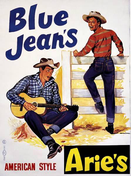 Original French poster: ARIE'S AMERICAN STYLE BLUE JEANS. Original French fashion vintage poster for Arie's American Style Blue Jeans. Archival linen backed and ready to frame.