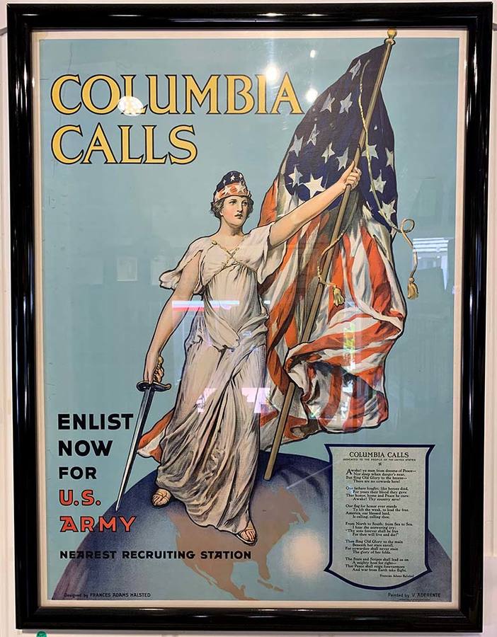 Columbia Calls - Enlist Now for U.S. Army. FRAMED, Original, linen backed 30 x 40 format. Painted by V. Aderente this famous image of Columbia carrying the American Flag forward into war. Draped in her white robe with the U.S. Flag flowing as she ma