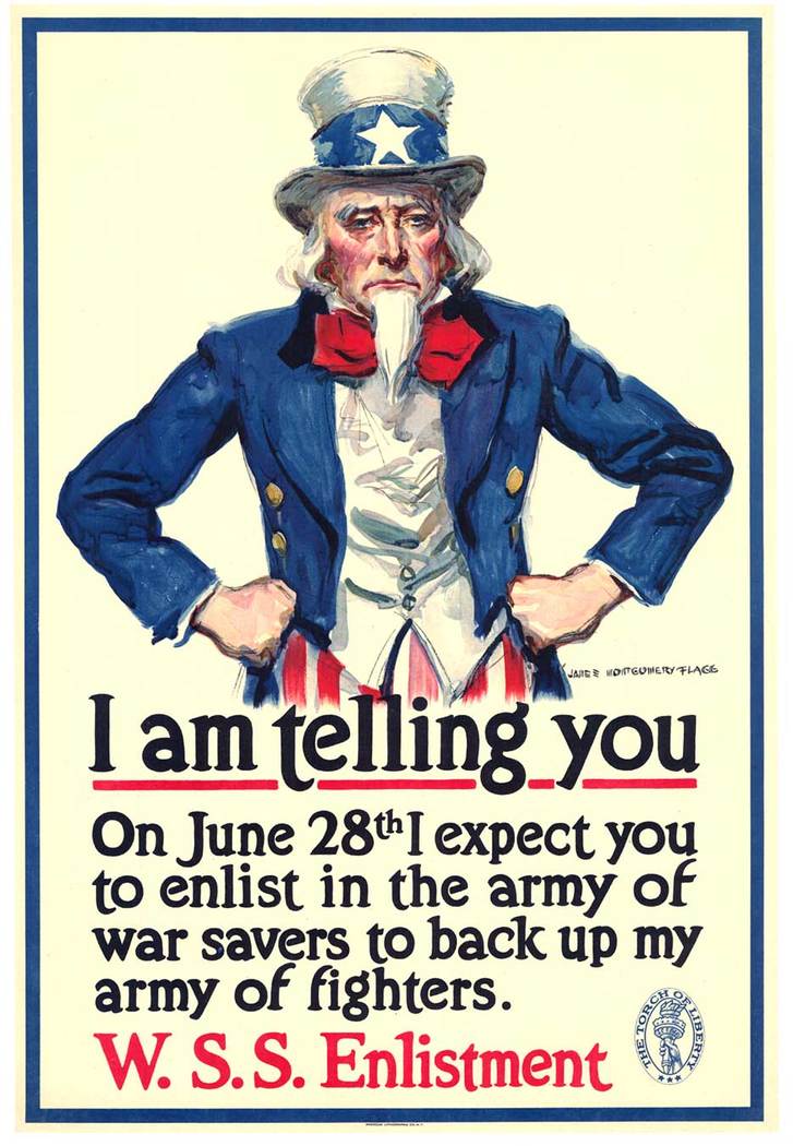 Original I Am Telling You, On June 28th I expect you to enlist vintage poster. James Montgomery Flagg, WW1 original vintage World War 1 poster. Self portrait of James Montgomery Flagg used to create this 'Uncle Sam'. <br> <br>A stern Uncle Sam announce