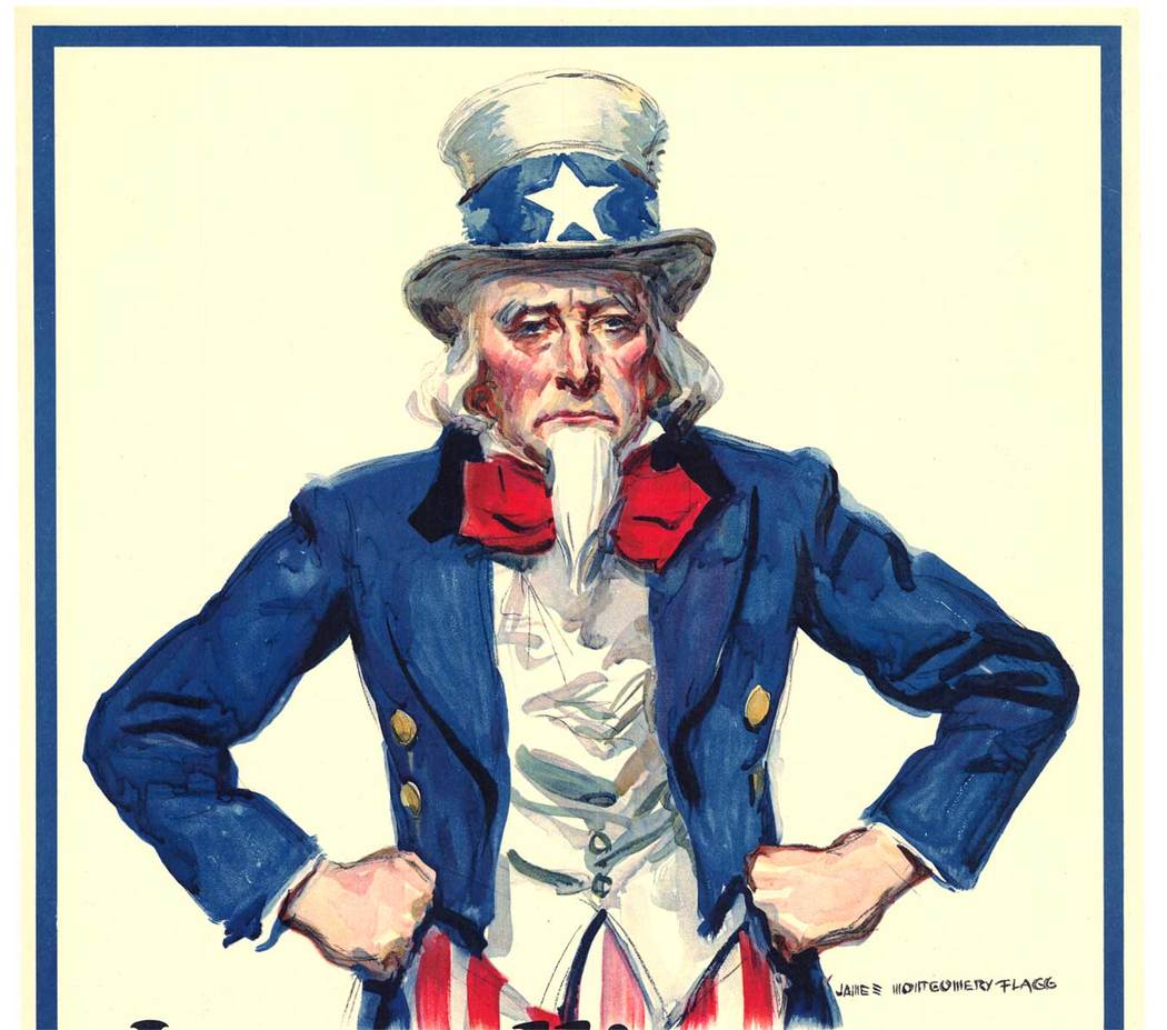 Original I Am Telling You, On June 28th I expect you to enlist vintage poster. James Montgomery Flagg, WW1 original vintage World War 1 poster. Self portrait of James Montgomery Flagg used to create this 'Uncle Sam'. <br> <br>A stern Uncle Sam announce