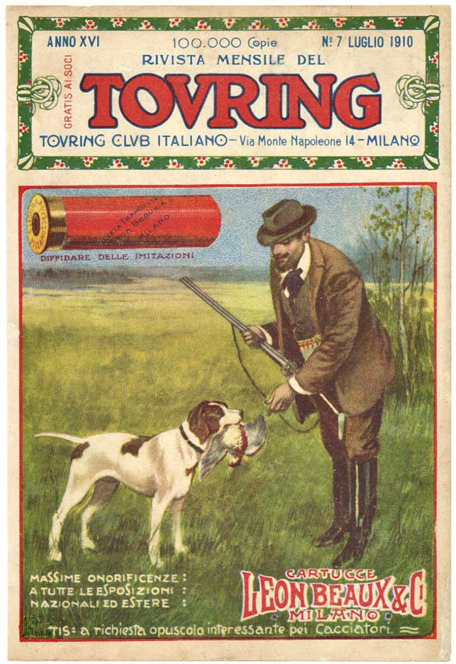 Touring Magazine cover from 1910. This one features a shotgun shell and a hunter with his dog retrieving game.