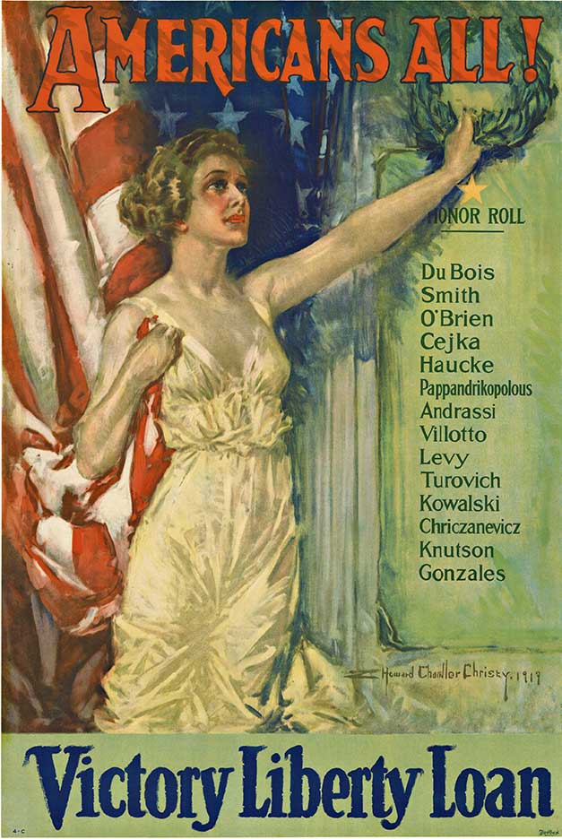 Americans All Victory Liberty Loan by Howard Chandler Christy, 1919. <br>Professional archival linen backed. Ready to frame. Miint. <br> <br>Americans All Victory Liberty Loan is an original post World War 1 antique poster, archival linen backed, ready