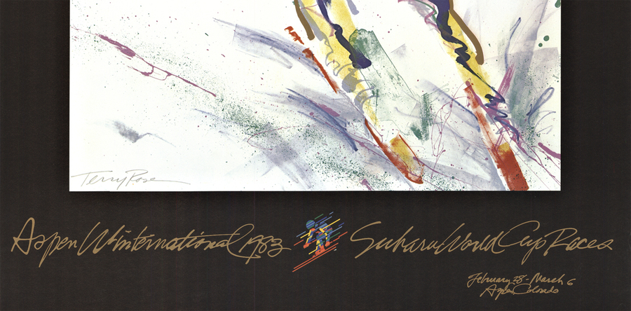 Aspen Winternational 1983 and Subaru World Cup Races, printed 1982 by artist Terry Rose. <br>The ASPEN WINTERNATIONAL skiing poster features a skier in motion going down one of the ski slopes in Aspen, Colorado. Today this original Aspen ski poster is 