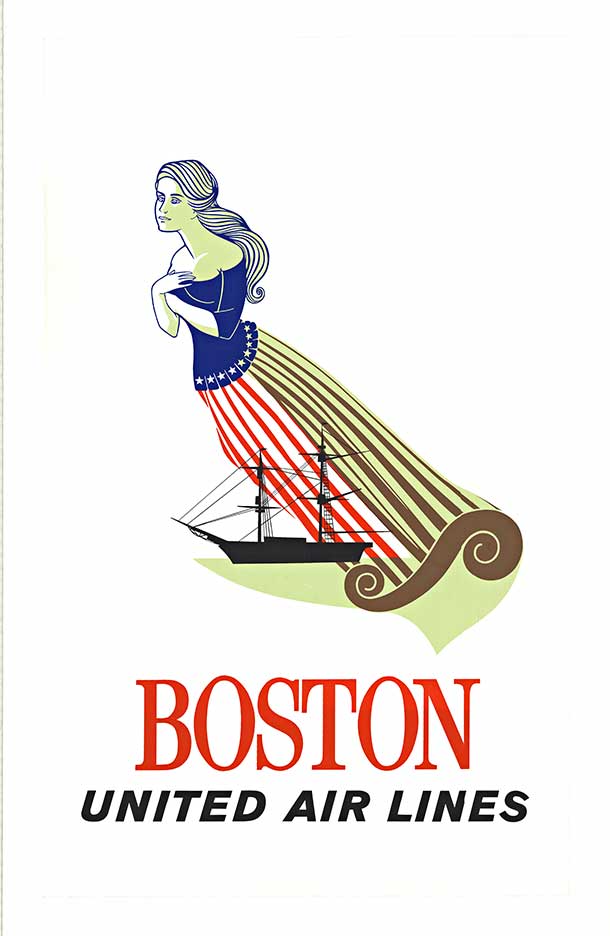 Original Boston United Airlines poster, woman as the head mast for a sailing schooner. Rare poster, linen backed, fine condition.