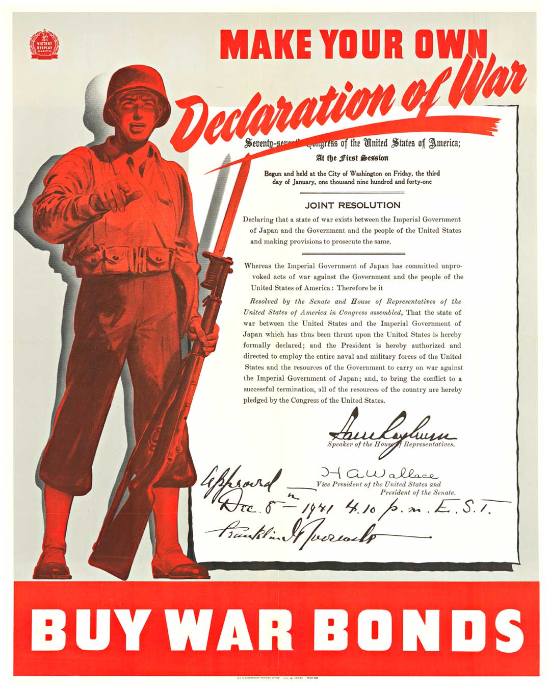 soldier, gun, document, start of WWII, war bonds, original military poster
