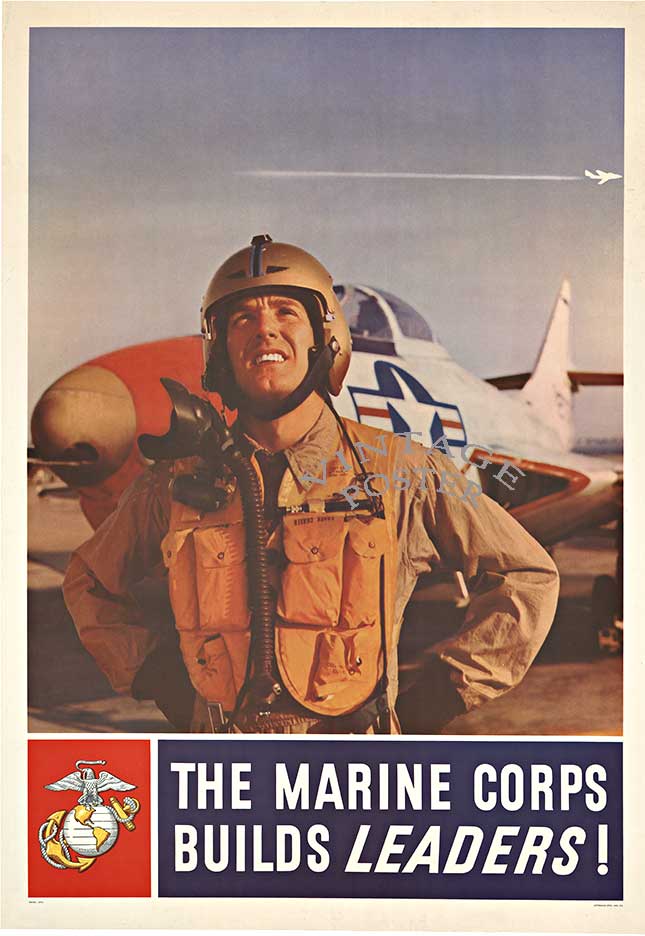US Marines, pilot, jet, recruiting poster, original, linen bavcked