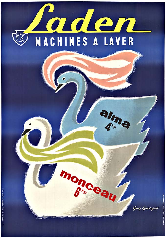 two swans holding towels in their beaks. Linen backed original poster, French poster, excellent condition, very fun but calming poster.