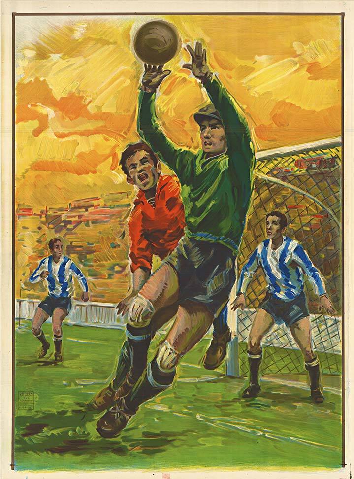 Original Soccer vintage full lithograph sports poster printed in Spain. Size: 32.5" 44". Excellent lithographic vibrant colors. Linen backed and in fine condition. <br> <br>This original lithographic poster printed by Ortega in Valencia shows a goalk