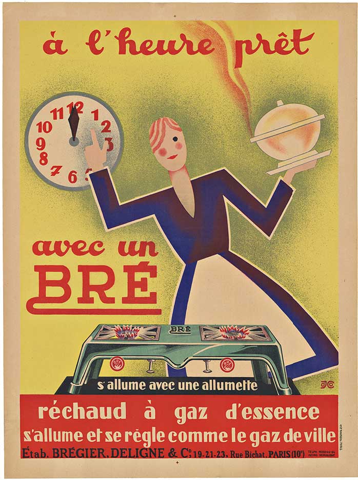 gas sove, clock, woman, cooking, linen backed early French poster, cooking.