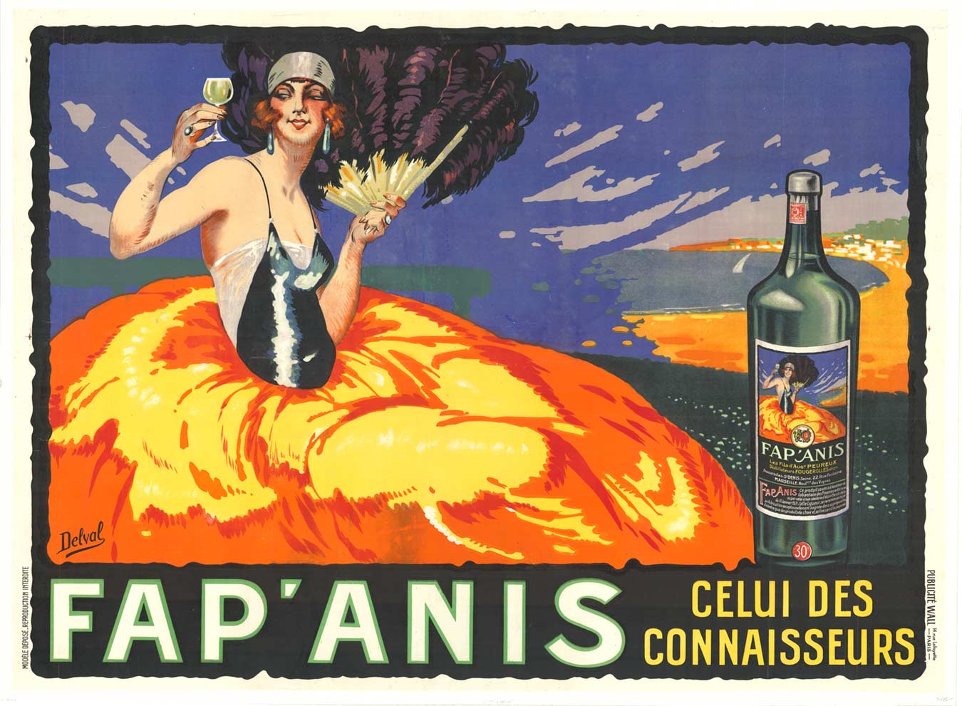 Fap Anis - Celui Des Connaisseurs; artist Delval, original French antique stone lithograph. Horizontal format. The creation of Pastis was a response to the banning of its infamous, anis-falvoured cousin, absinth in France in 1915.