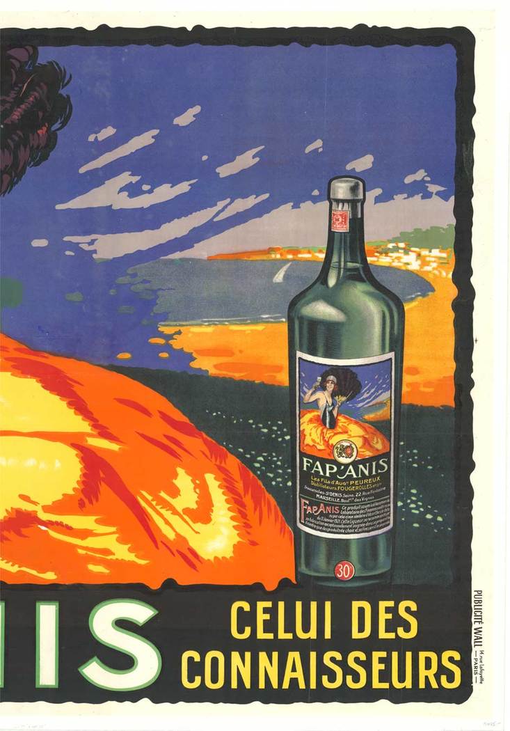 Fap Anis - Celui Des Connaisseurs; artist Delval, original French antique stone lithograph. Horizontal format. The creation of Pastis was a response to the banning of its infamous, anis-falvoured cousin, absinth in France in 1915.