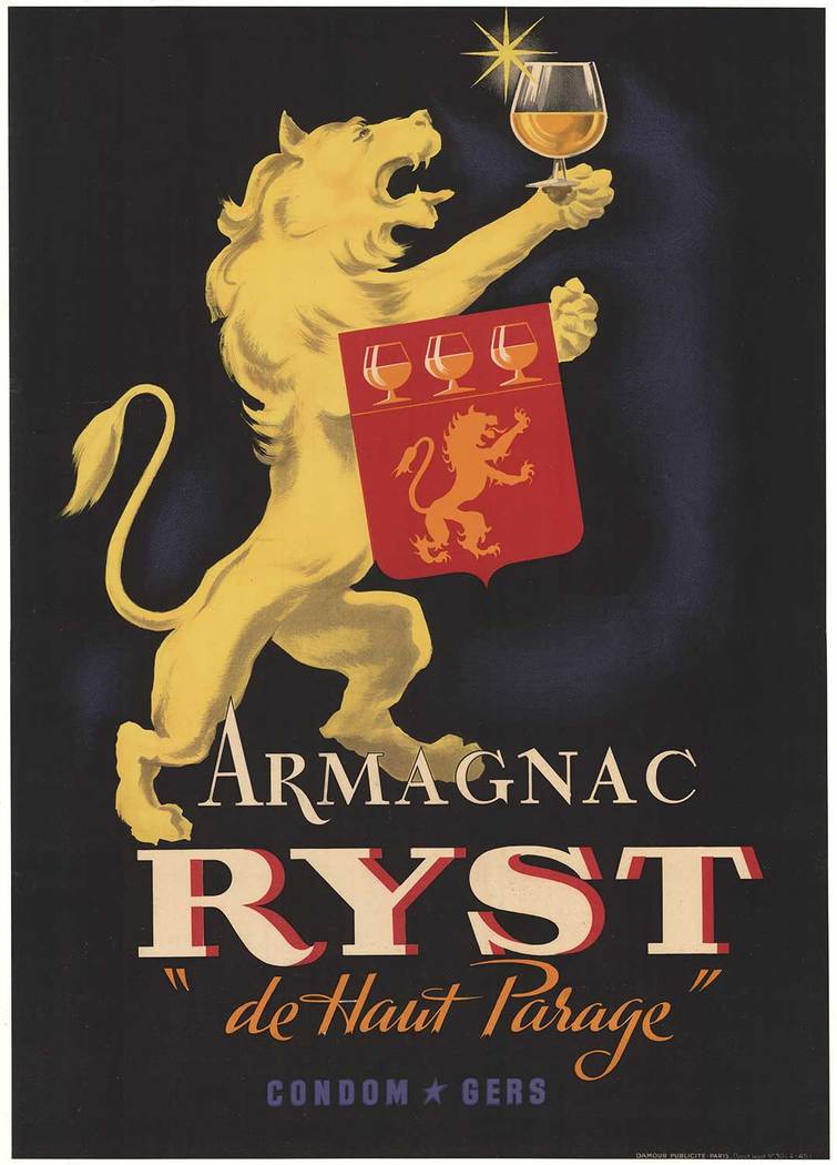 Lion with family shield, holding a glass of Armagnac, linen backed, original poster.