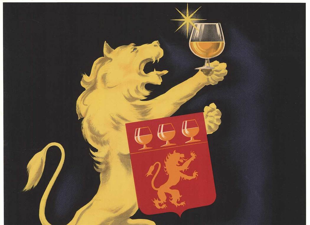 Lion with family shield, holding a glass of Armagnac, linen backed, original poster.
