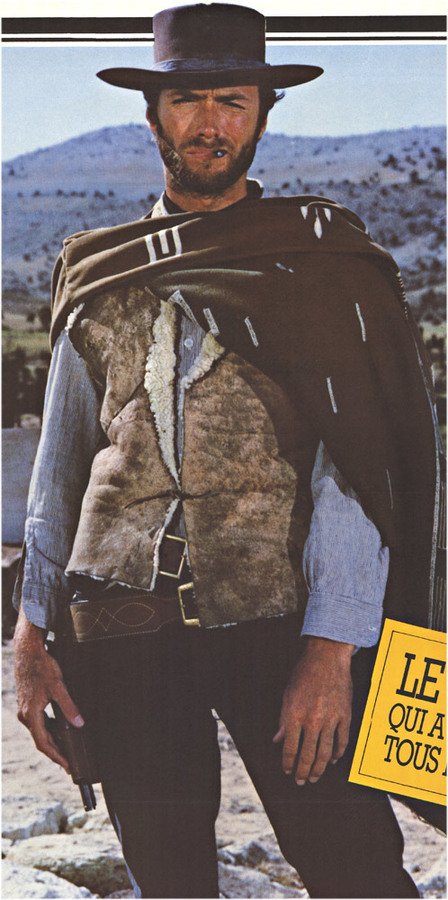 French movie poster with Clint Eastwood, a cowboy with a gun holster, poncho. Linen backed, ready to frame.