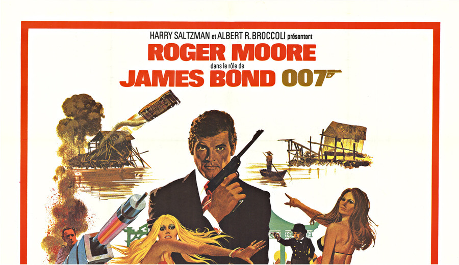 Roger Moore as James Bond 007 French large movie poster, women in swimming suits, golden gun and gold bullet, explosions in the background, linen backed, fine condition