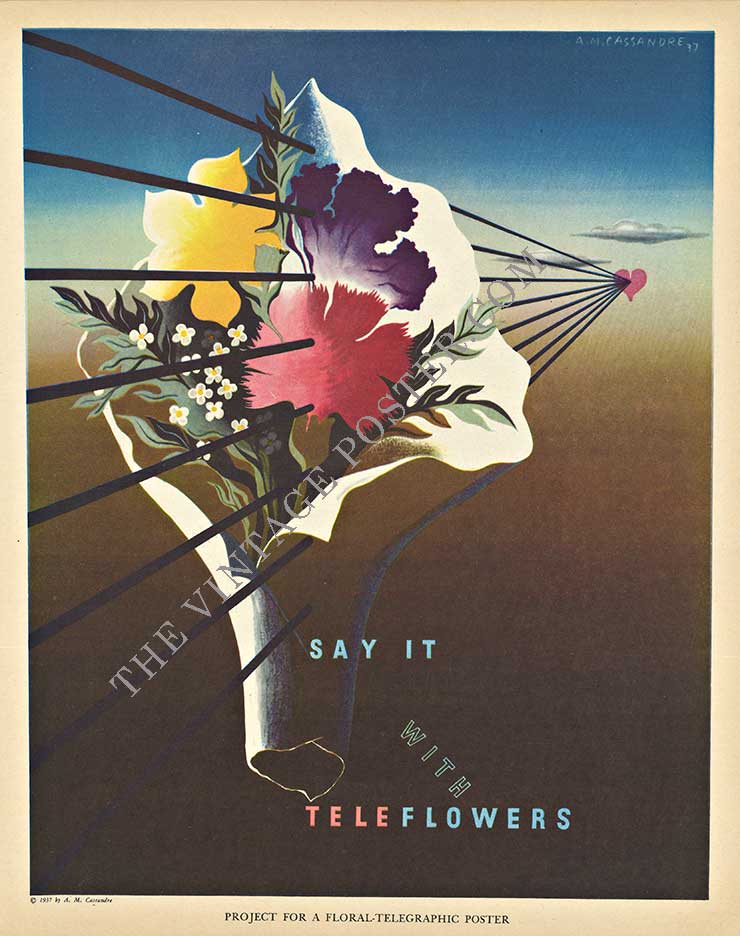 SAY IT WITH TELEFLOWERS; artist: A. M. Cassandres; size 11 1/8" x 14 1/8"; 1937 art deco; archival linen backed and ready to frame <br> <br>SAY IT WITH TELEFLOWERS is a small size printed project for a floral telegraphic poster by the Master A.M. Cassand