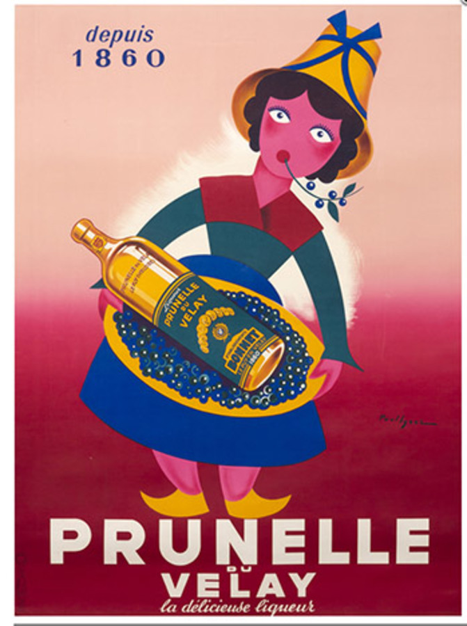 Woman holding a basket of fruit, large bottle of Prunelle, woman with a bonnet, wooden shoes, fruit, original poster, French large poster.