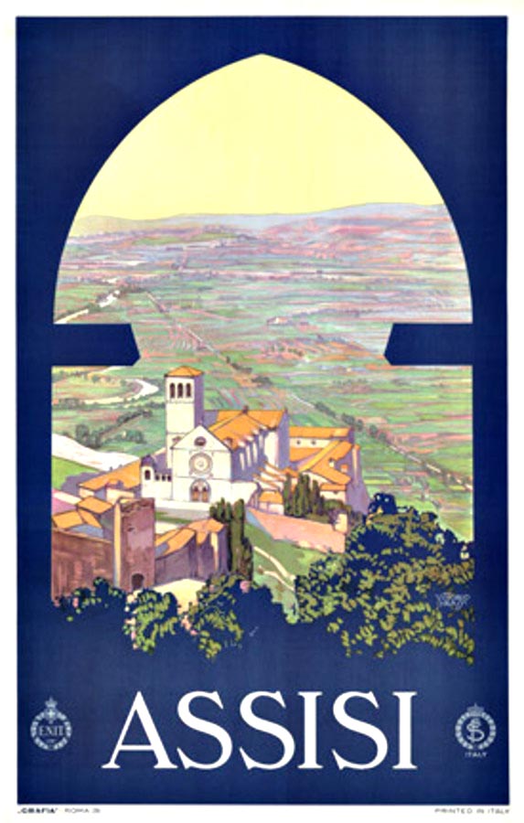 Village of Assis through a window. Linen backed rare Italian poster, mint,