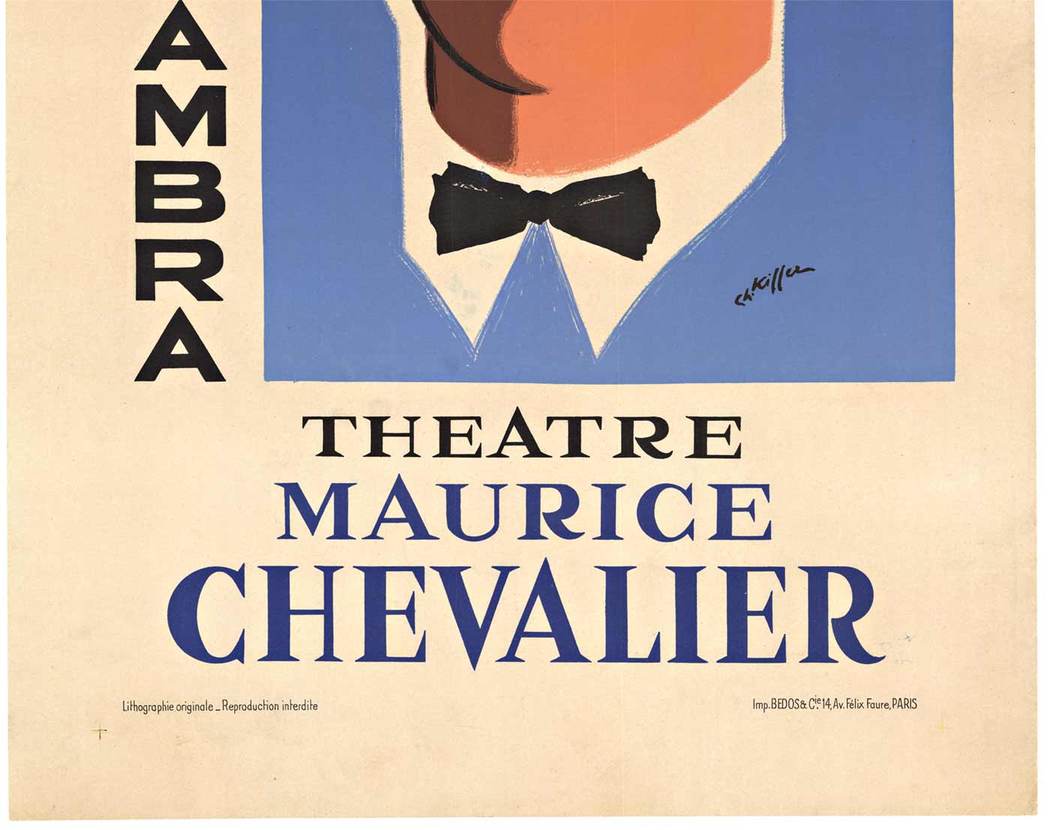 Original Alhambra Theatre Maurice Chevalier lithograph. Artist: Charles Kiffer (1902 - 1992). Size: 19.25" x 27.25". Archival linen backed antique vintage poster; ready to frame. An original lithograph done for the inauguration of the new Alhamb