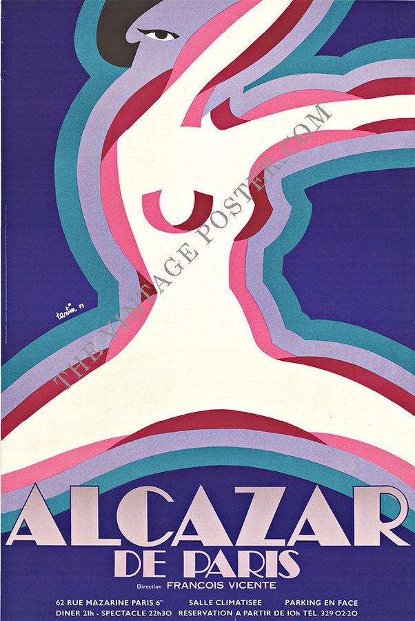 This is an ORIGINAL FIRST PRINTING : ALCAZAR DE PARIS; artist: Claude Tantin, lithograph on paper; size 30" x 44.8". A Contemporary Poster Classic. Printed in France. Archival linen backed and ready to frame. Excellent condition.