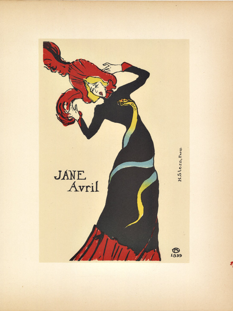 Jane Avril printed in 1899 by Toulouse Lautrec Jane Avril was a dancer the picture is of her doing a boogie.
