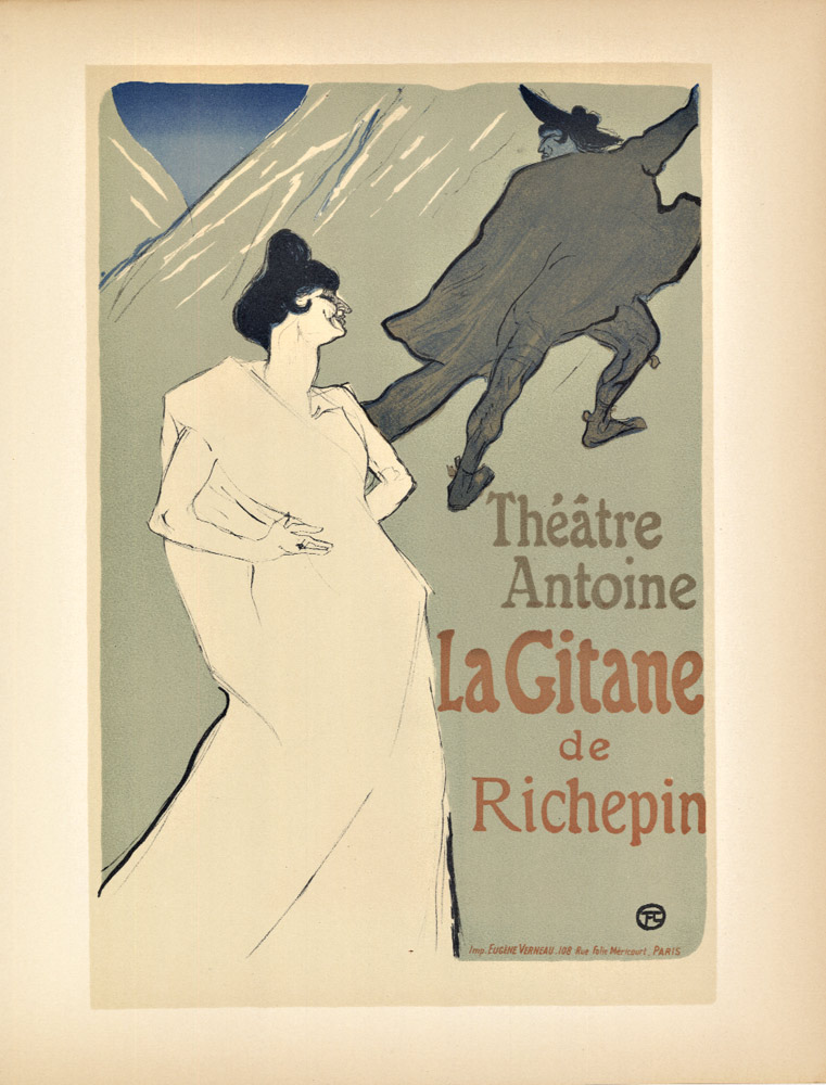La Gitane from Toulouse-Lautrec A woman in white in the forefront and man in black exiting the piece wearing black.