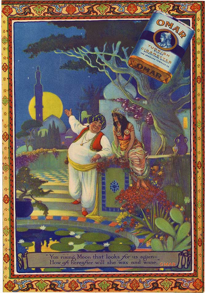 Omar Turkish cigarettes A genie of sorts showing a beautiful woman the moon.