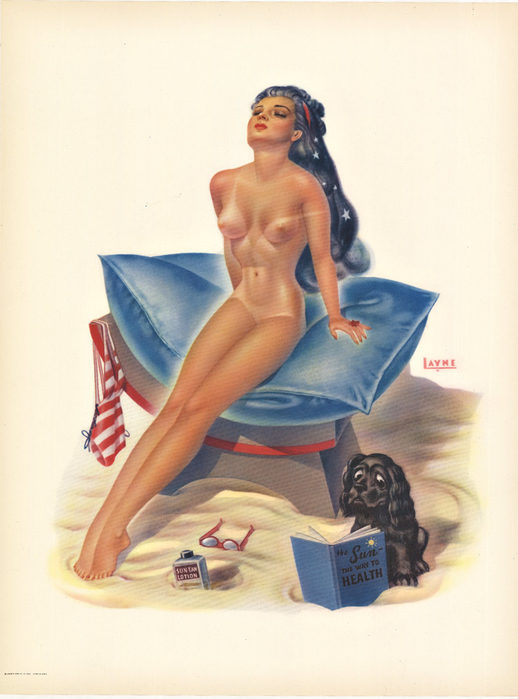 The Sun the way to Health original pinup by artist Bill Layne. Size 12.3/8" x 16 3/8". This vintage pinup is archival linen backed to preserve it; and is ready to frame.
