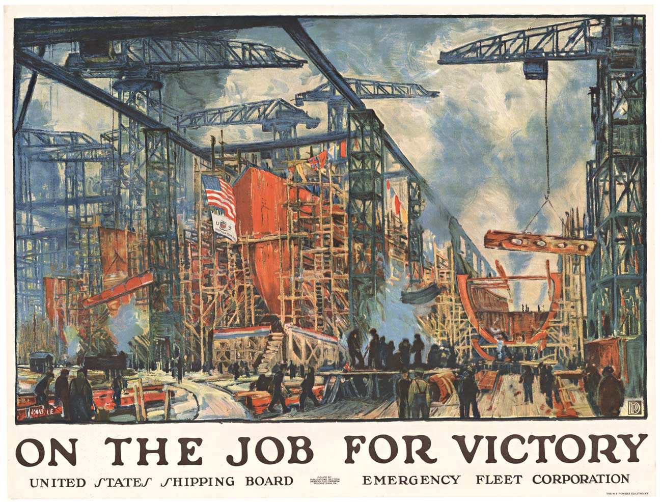 ship builders, ships, crains, construction, world war 1, horizontal poster, lithograph
