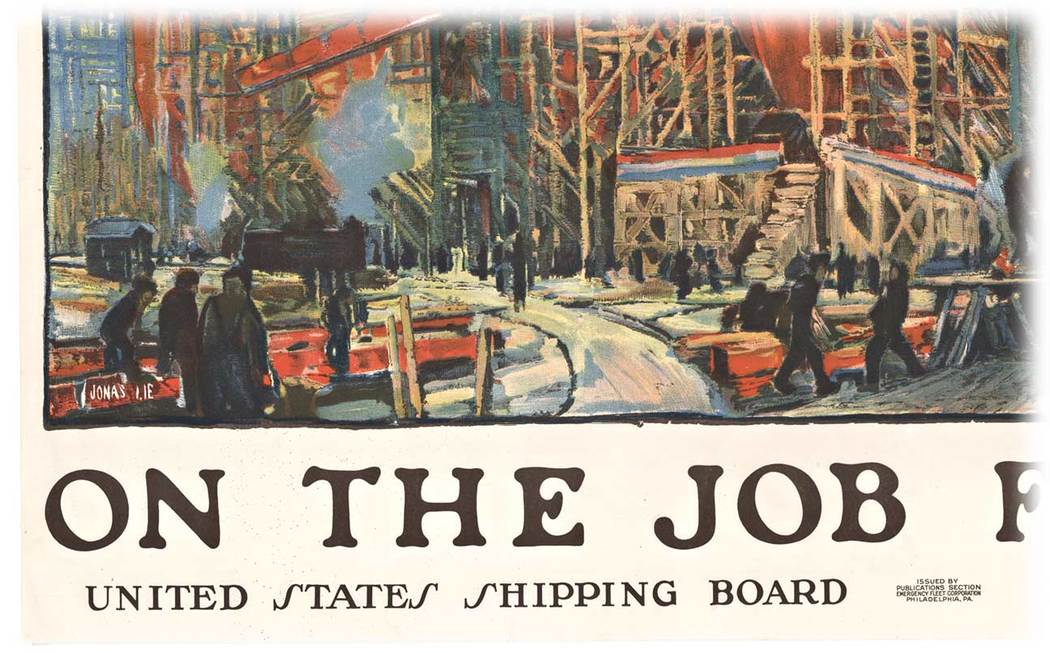 ship builders, ships, crains, construction, world war 1, horizontal poster, lithograph