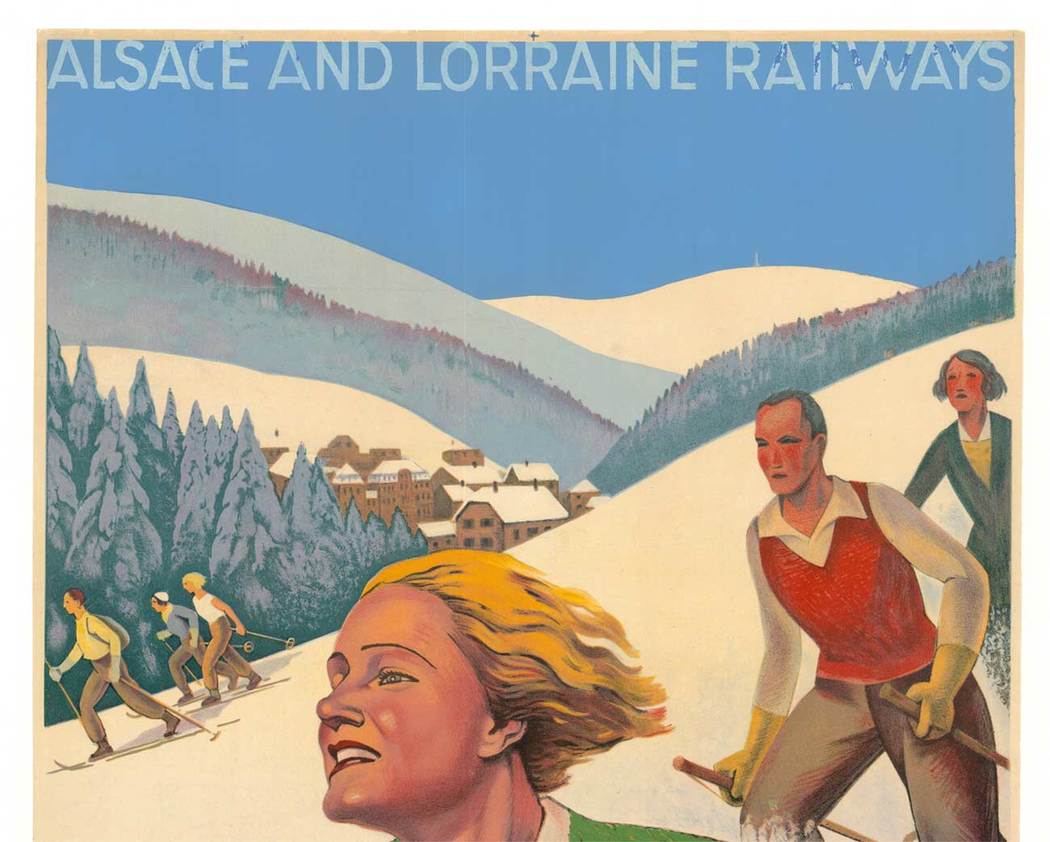 French poster, original poster, ski, skiing poster, lady skiing, couple skiing, alsace, lorraine, railway poster, SNCF poster, a poster in The Vintage Poster Gallery