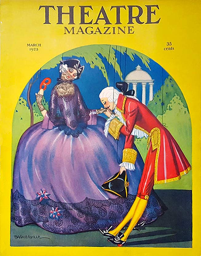 Theater Magazine cover from 1923. Puppets of a man and a woman out at a ball. Very fancy puppets.