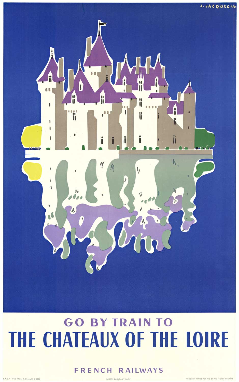 castle reflecting into a pool of water, French railways, original poster, excellent condition