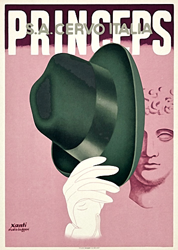 Xanti Schawinsky, Princeps S.A. Cervo Italia, Pink and Green, Glove, Hat, Face of David, Fashion, Studio Boggeri, Lithograph, 1934, S.A. Milano, Italian, Avant Garde