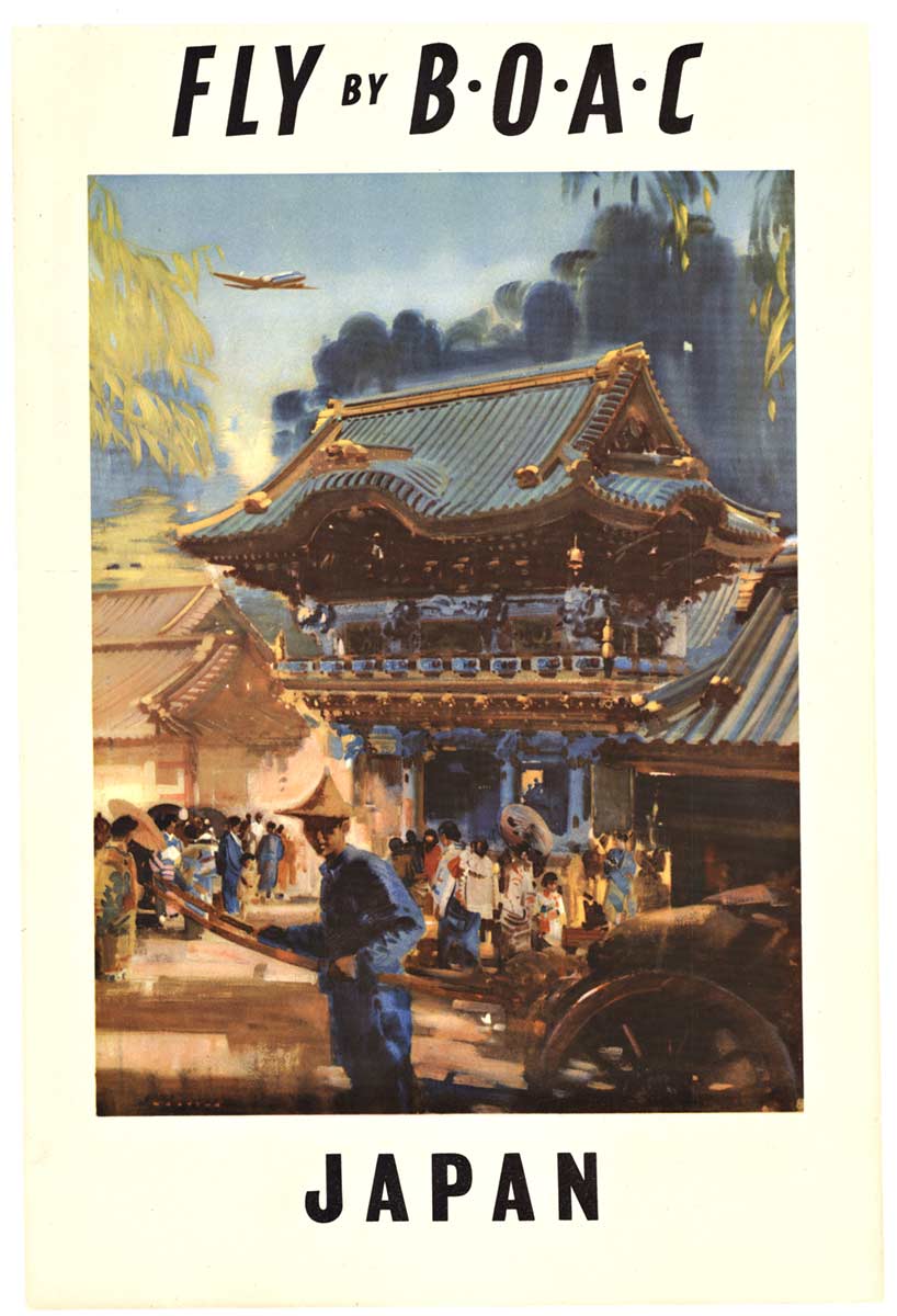A travel poster for Japan showing a typical day in the life for Japans residents.