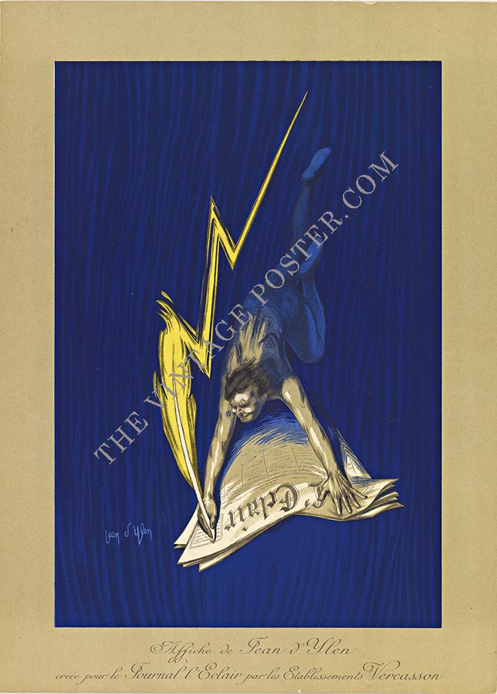 Journal L’Éclair, Jean D’Ylen, Stone Lithograph Print Original Vintage Poster, Newspaper, Lightning, Scribe, Affiche, Establissements Vercasson, Cobalt Blue, Rare Coloring