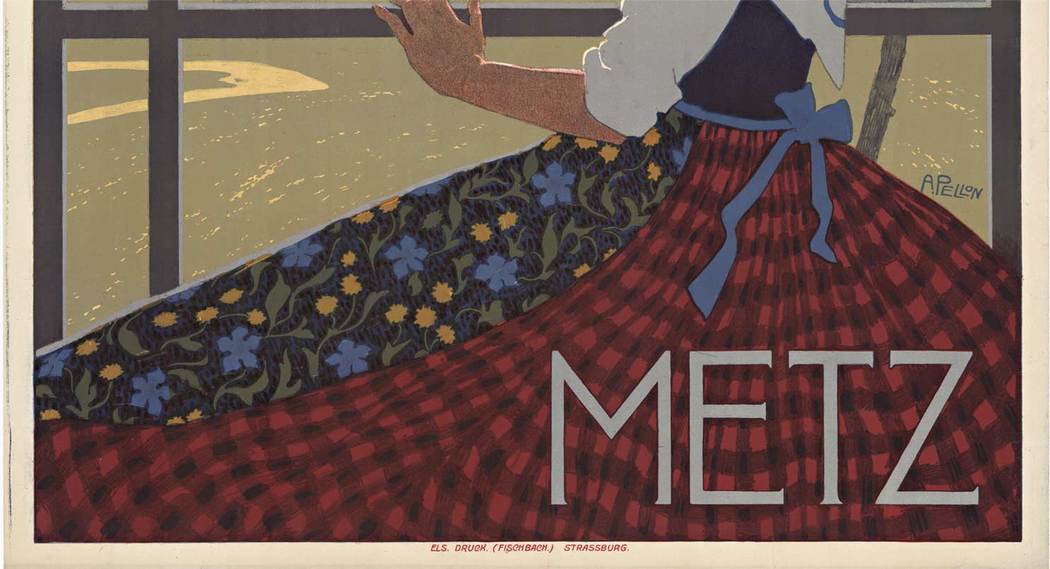METZ, artist: Alfred Pellon, signed A. Pellon. Size 34.75" x 36". Archival linen backed original vintage travel poster in excellent condition; ready to frame. Printer: Els. Druck, (Fischbach) Strasbourg. Original French vintage travel poster. <br>