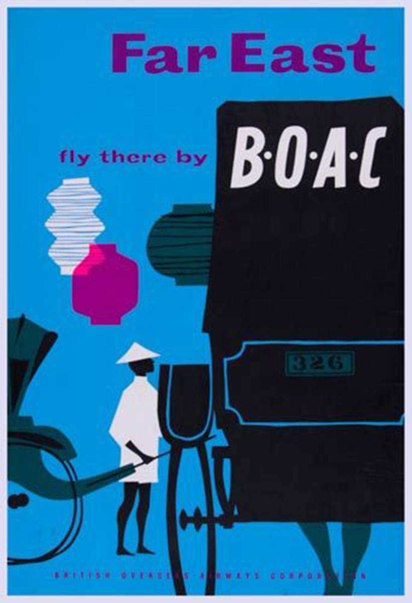 carriage, boac travel poster 1 man with his cart, linien backed serigraph,