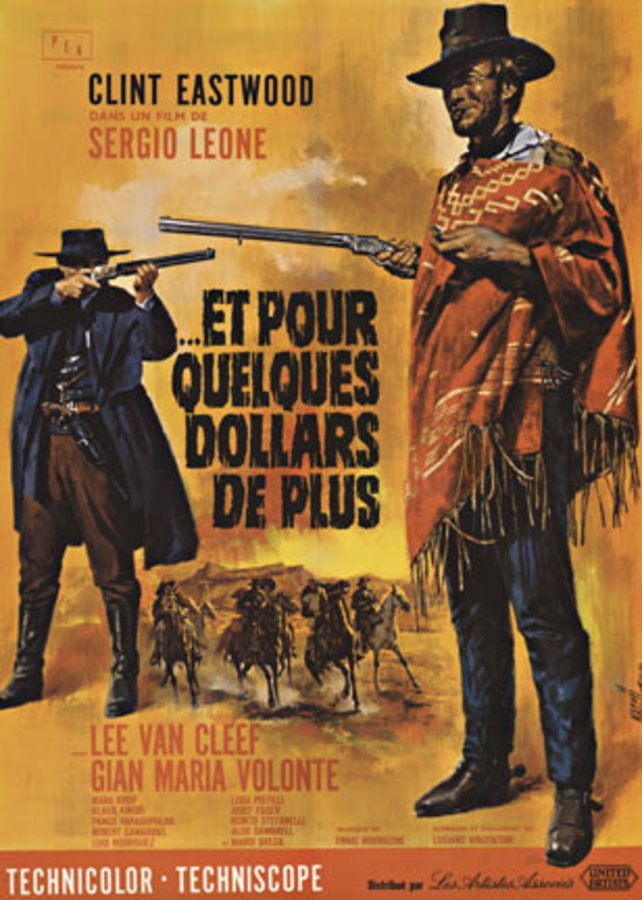 French poster FOR A FEW DOLLARS MORE, CLINT EASTWOOD WITH A RIPLE, horses riding in the background, linen backed , excellent condition, movie poster, large format