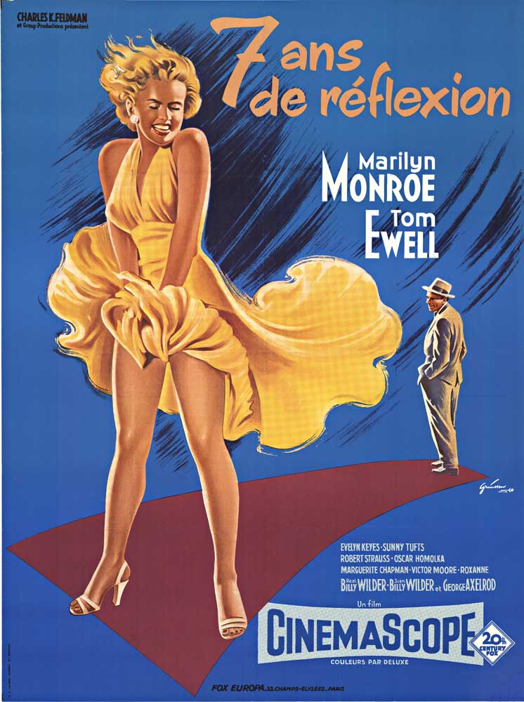 Original: SEVEN YEAR ITCH French movie poster with Marilyn Monroe's skirt blowing!. Size: 46" x 61.5". Artist: Boris Grinsson. Archival linen backed with the fold marks professional restored or removed. In excellent condition. (Movie poster