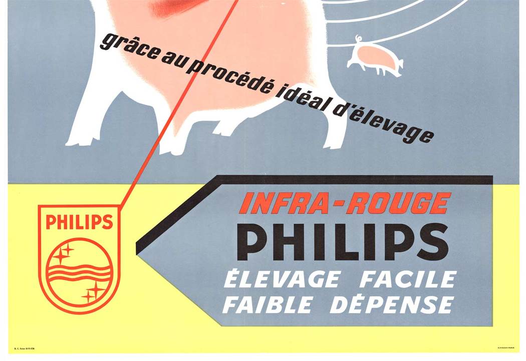 Original Philips Infra-Rouge vintage poster. Size: 23" x 31". Archival linen backed French antique poster. It is archival linen backed and ready to frame. <br>This fun kitchen poster features a small piglet warming under the heat lamp. <br>These he